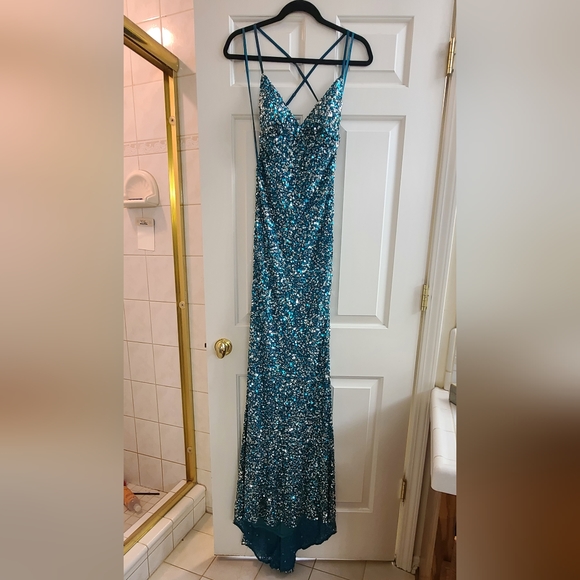 Scala sequin gown. Mermaid style with spaghetti straps. - Picture 3 of 6